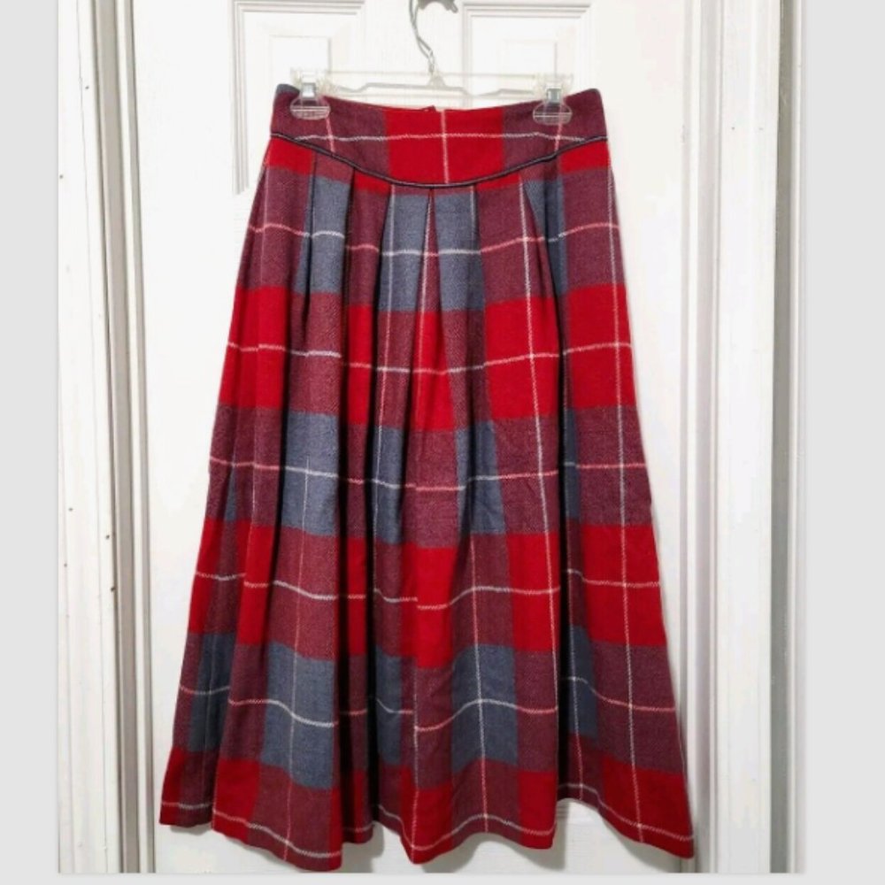 Vtg Simone Alexander Patty Woodard Pleated Plaid Wool Skirt Pockets